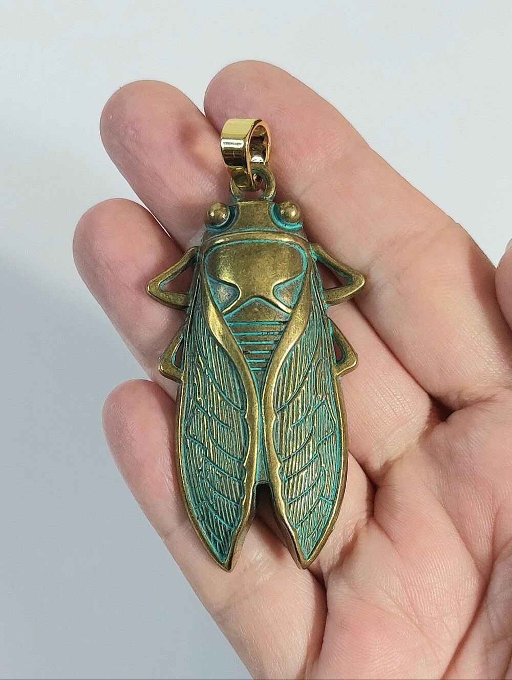 Cicada Necklace Pendant in Aged Green Patina -  Womens Jewelry